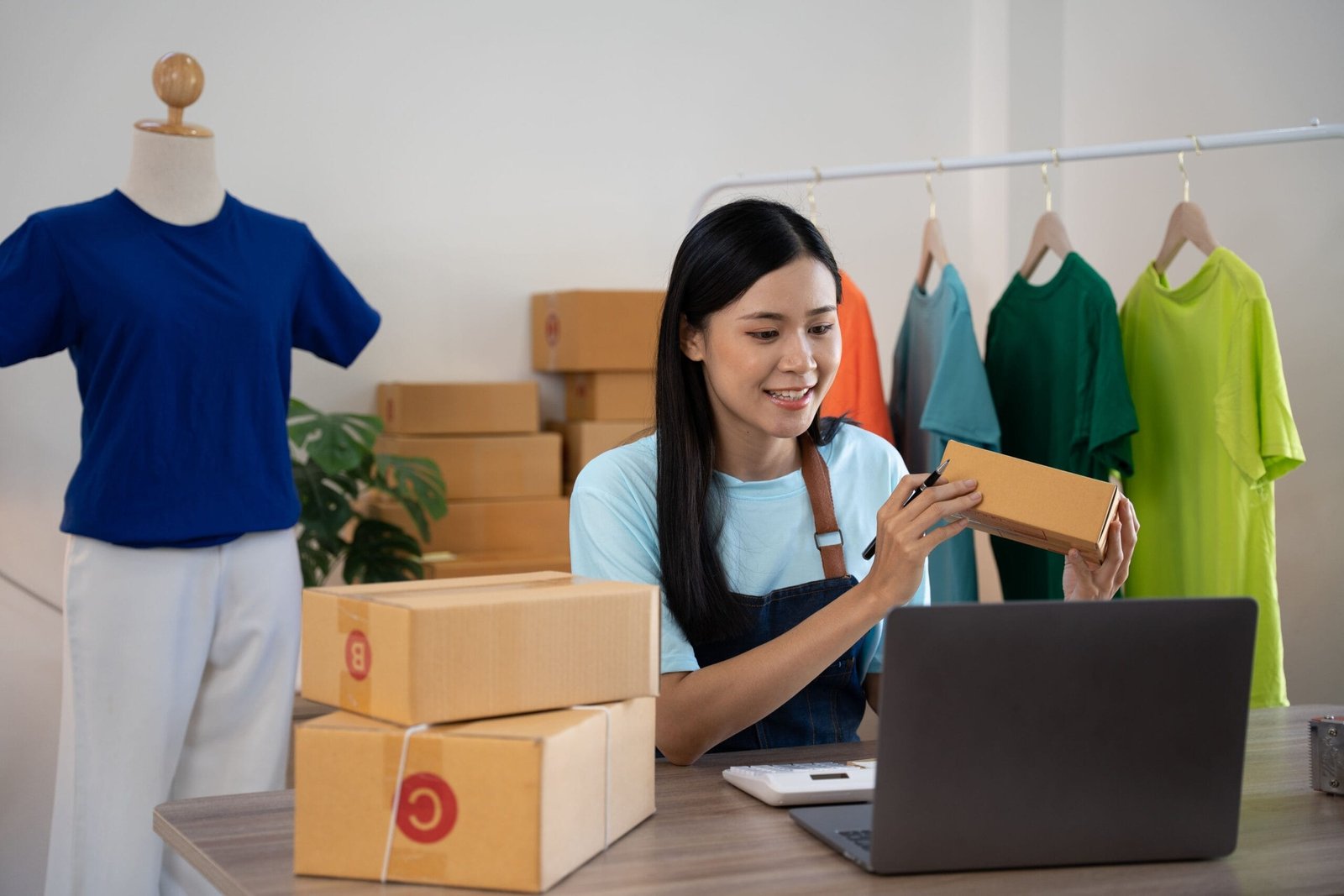 Mujer dueña de un Ecommerce preparando envíos de productos.